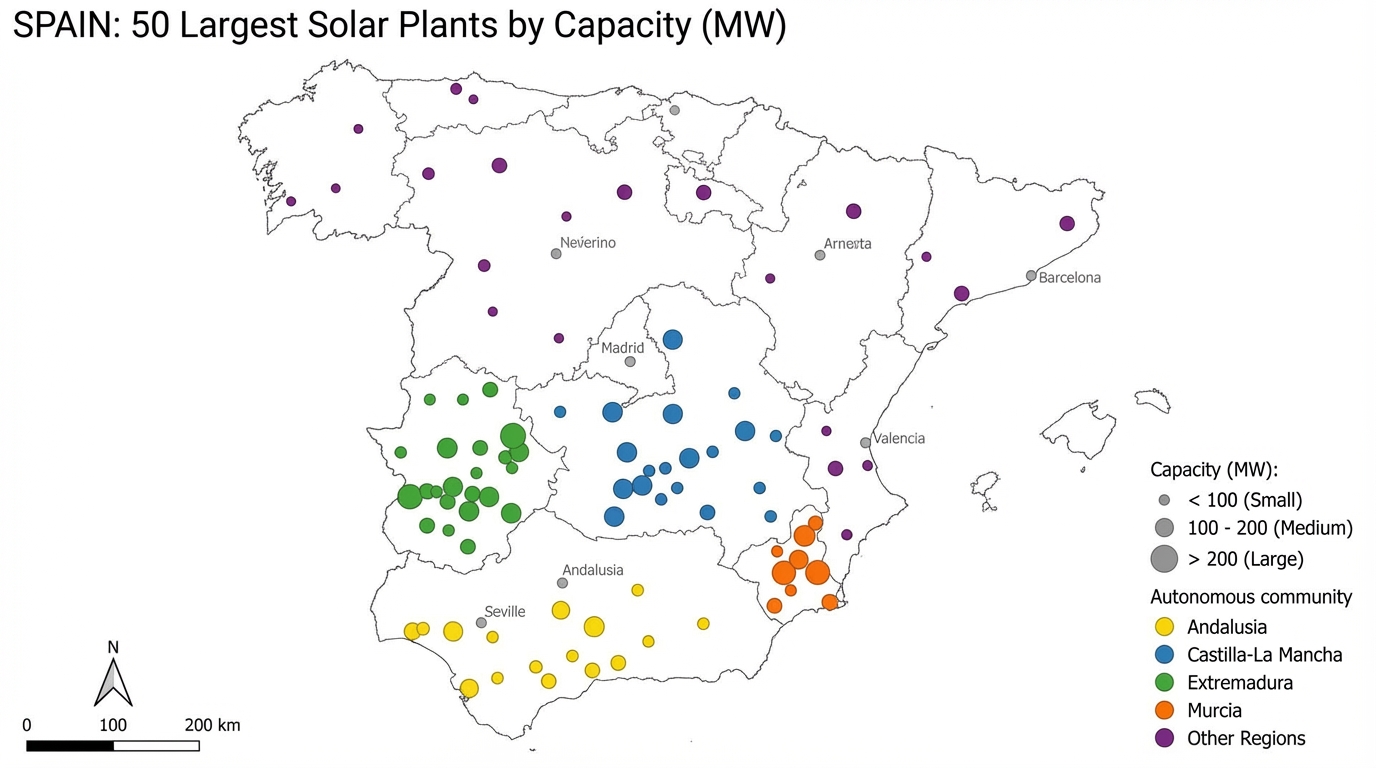 Map of Spain showing the distribution of the 50 largest solar plants by autonomous community
