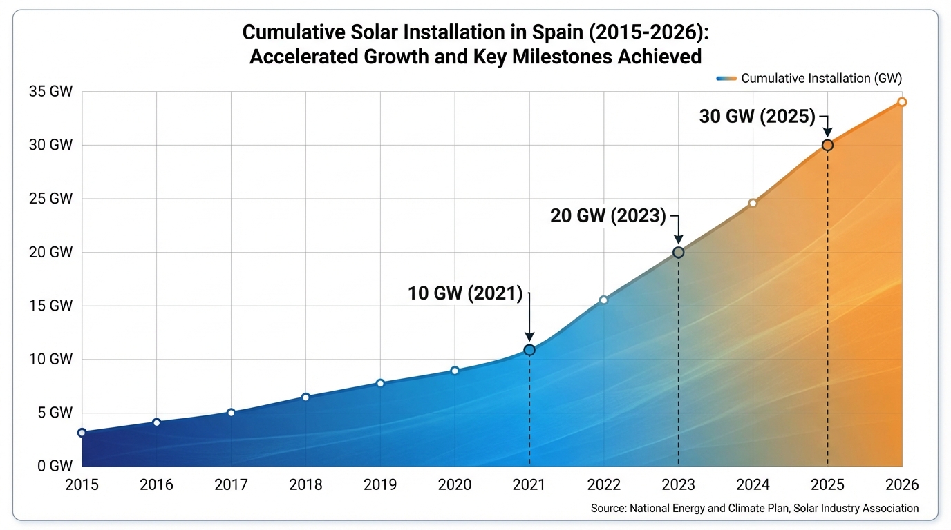Cumulative solar installation in Spain from 2015 to 2026