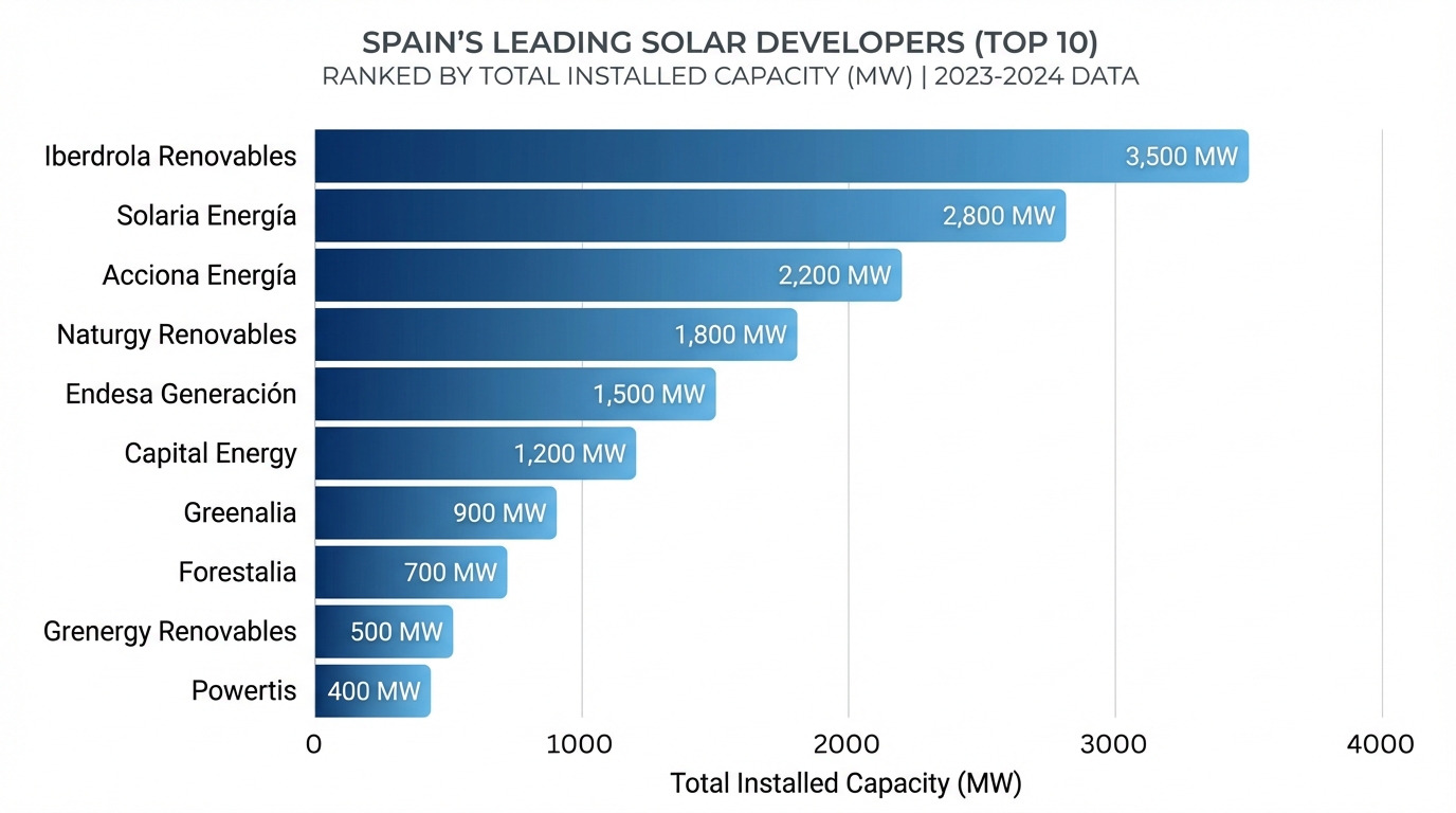 Horizontal bar chart of the top solar developers in Spain by installed capacity