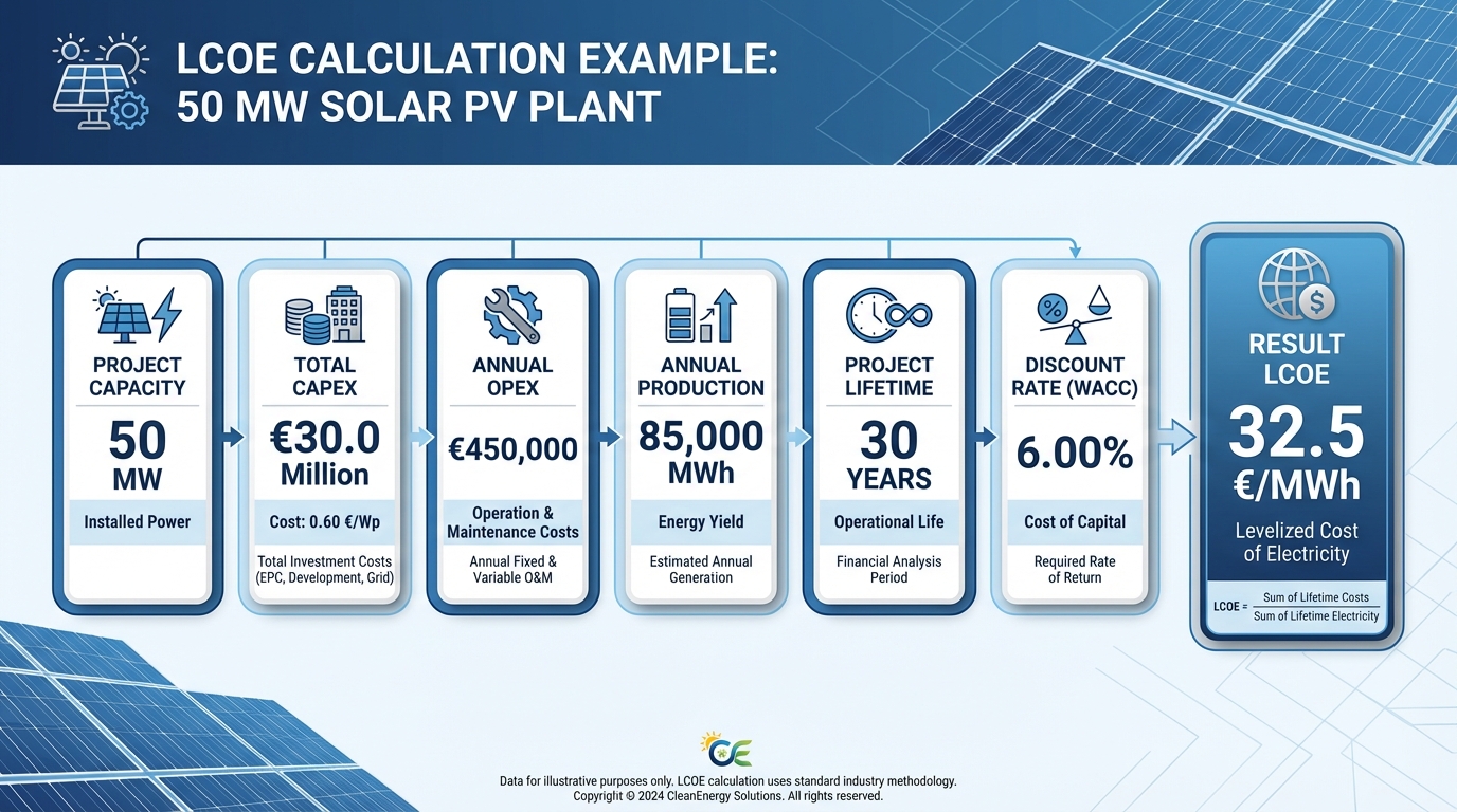 Resumen del ejemplo de cálculo de LCOE para una planta de 50 MW