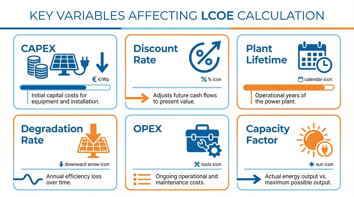 Infografía con las variables clave que afectan al cálculo del LCOE