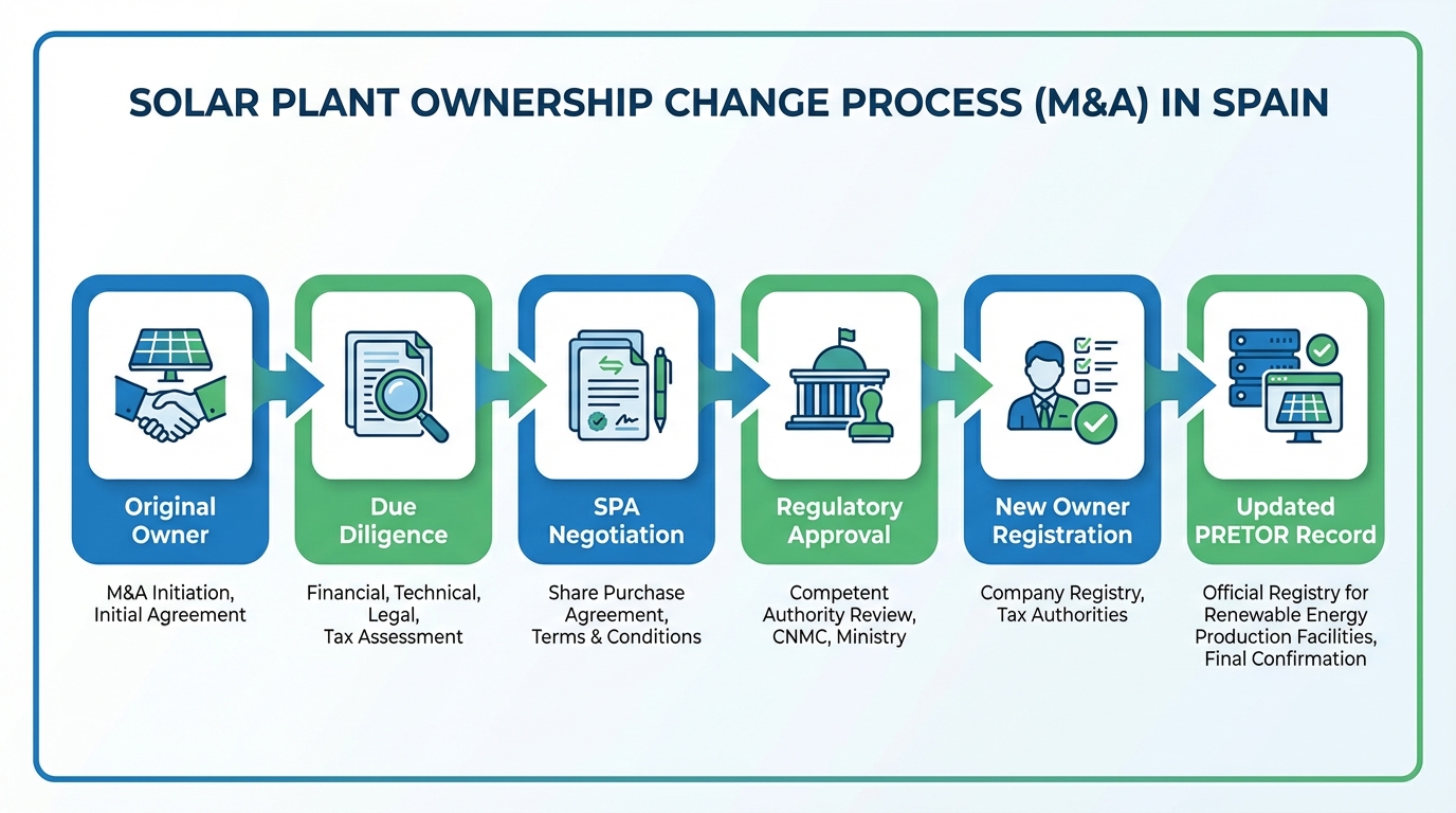 Flowchart of the ownership change process for solar plants in Spain