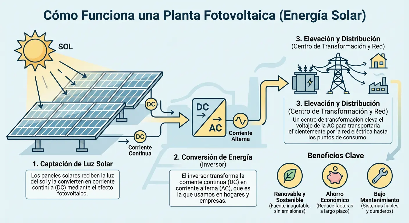 Esquema de funcionamiento de una planta fotovoltaica: del panel a la red