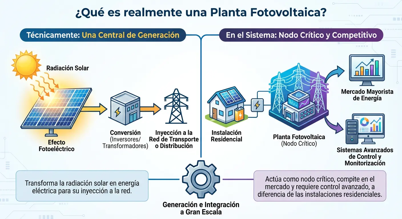 Esquema de funcionamiento de una planta fotovoltaica: del panel a la red