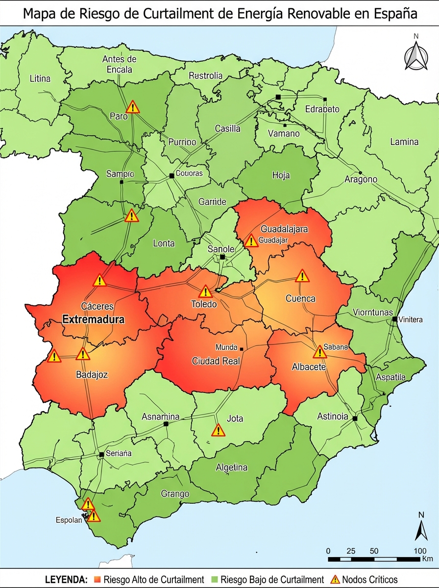 Map of Spain with high curtailment zones