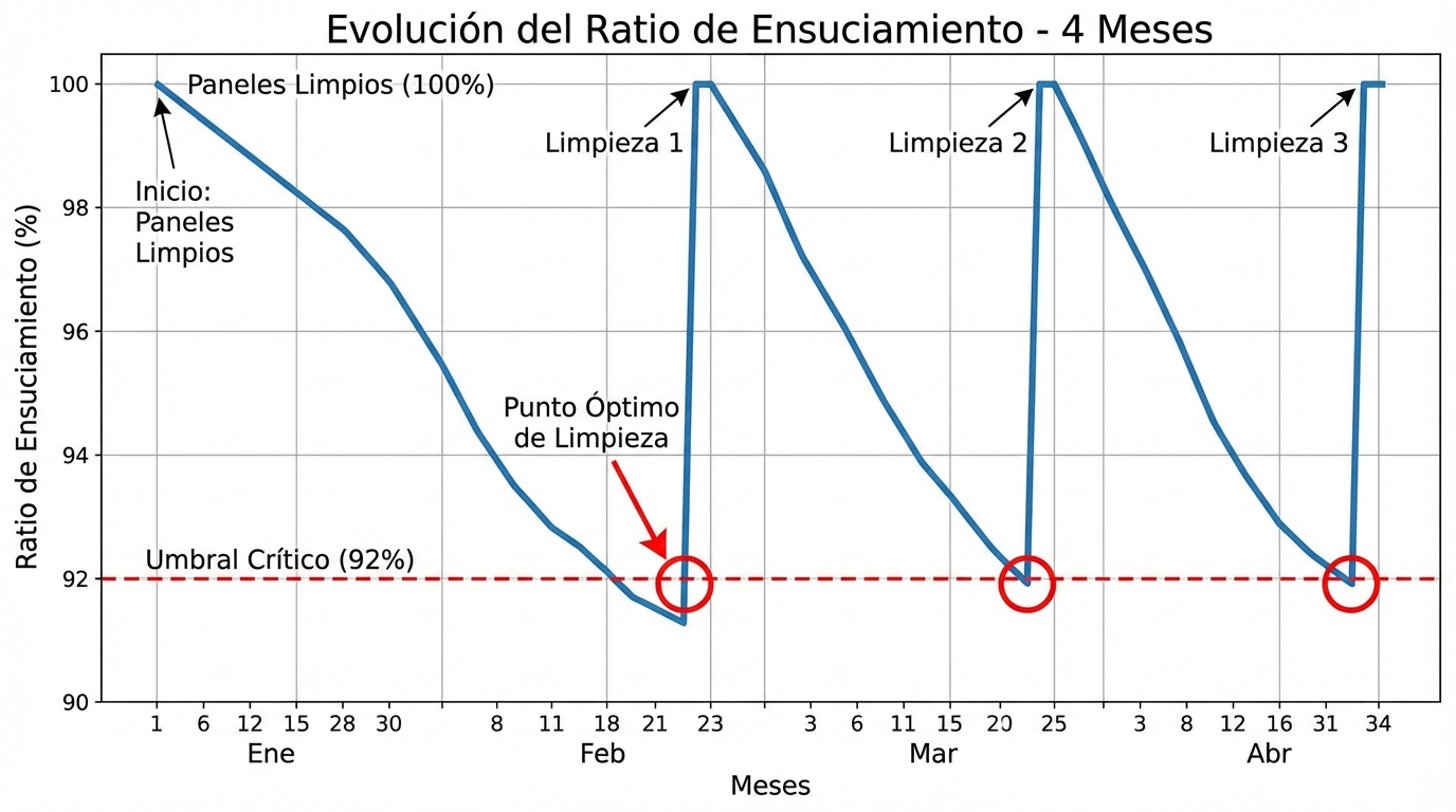 Graph of soiling ratio evolution and optimal cleaning points