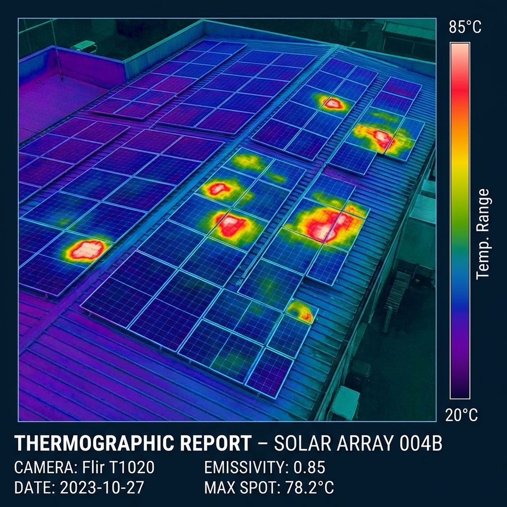 Thermographic image of solar panel with hot spot