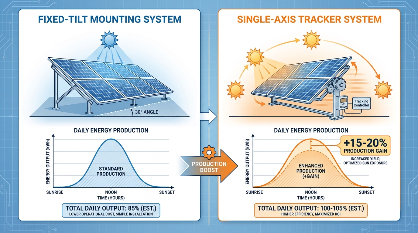 Visual comparison of fixed-tilt vs single-axis tracker solar mounting systems