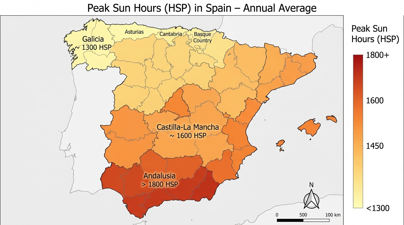 Map of Spain showing Peak Sun Hours by region