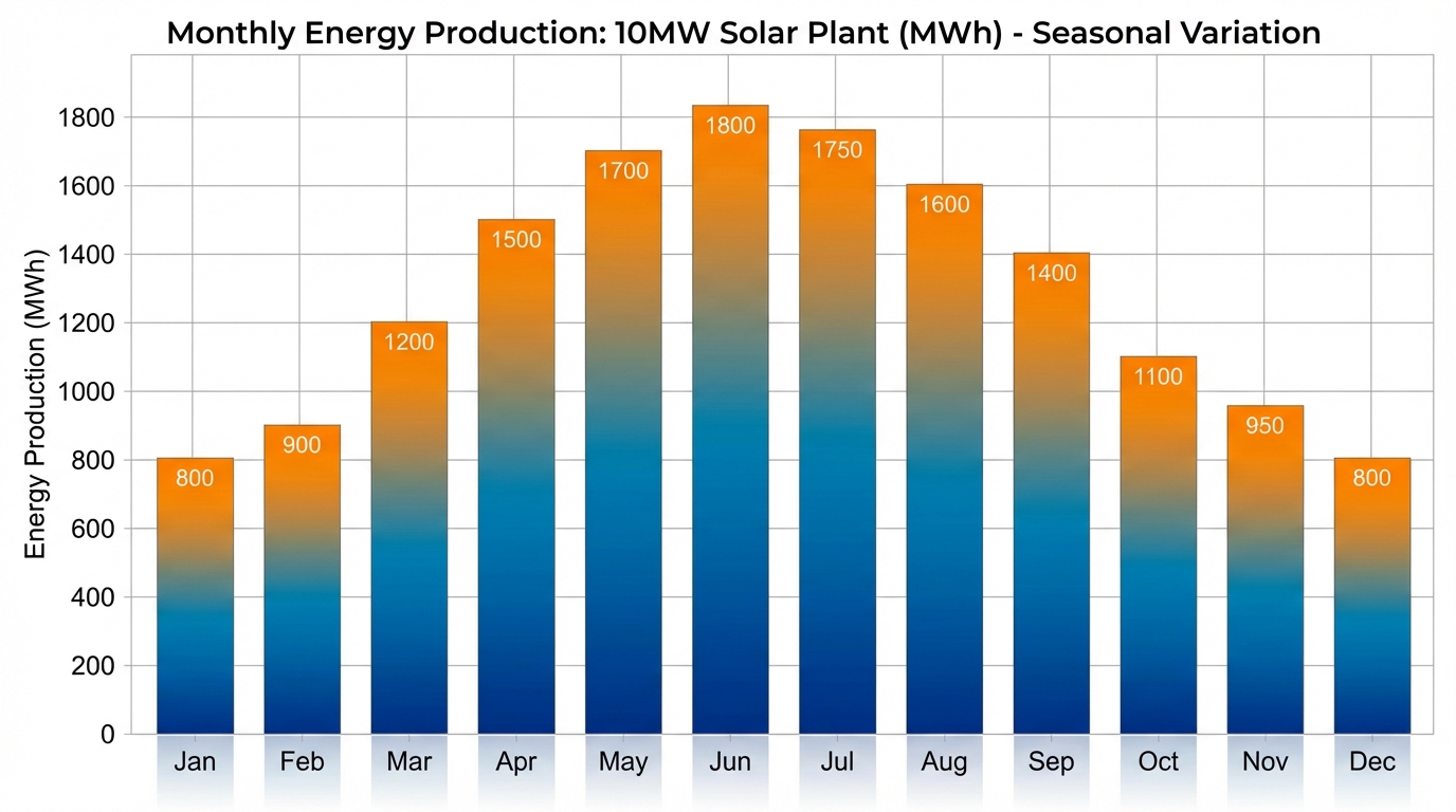 Monthly energy production of a 10 MW solar plant throughout the year