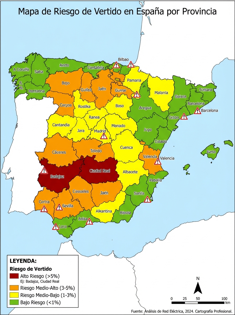 Map of Spain with high curtailment zones marked