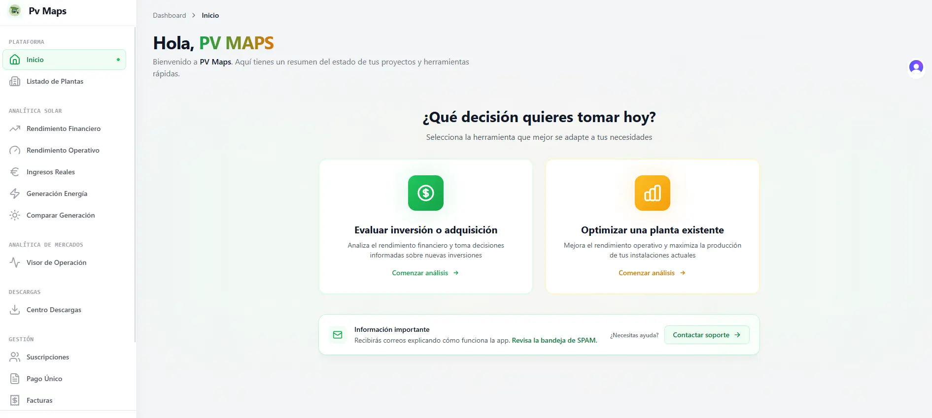 Interfaz limpia del Dashboard de PV Maps