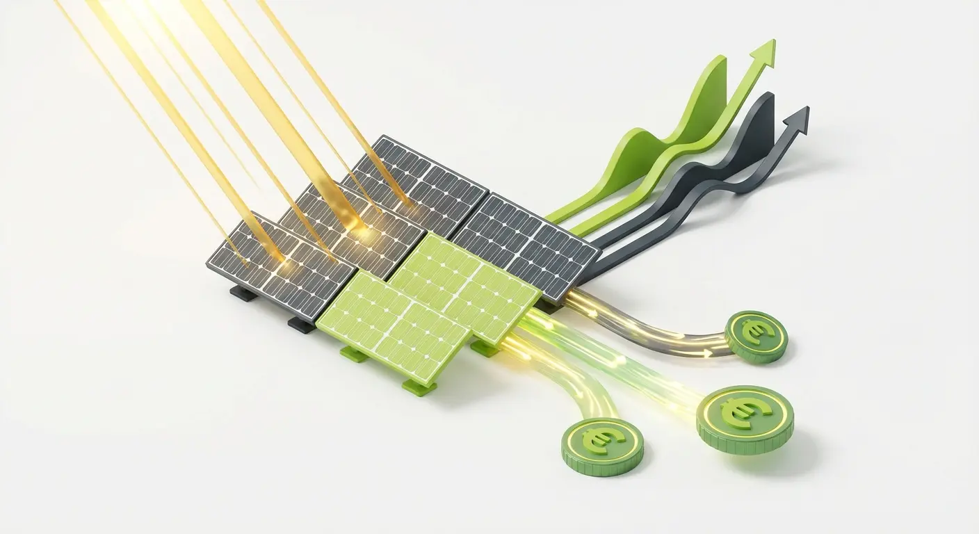 Representación 3D de energía solar convertida en ingresos variables