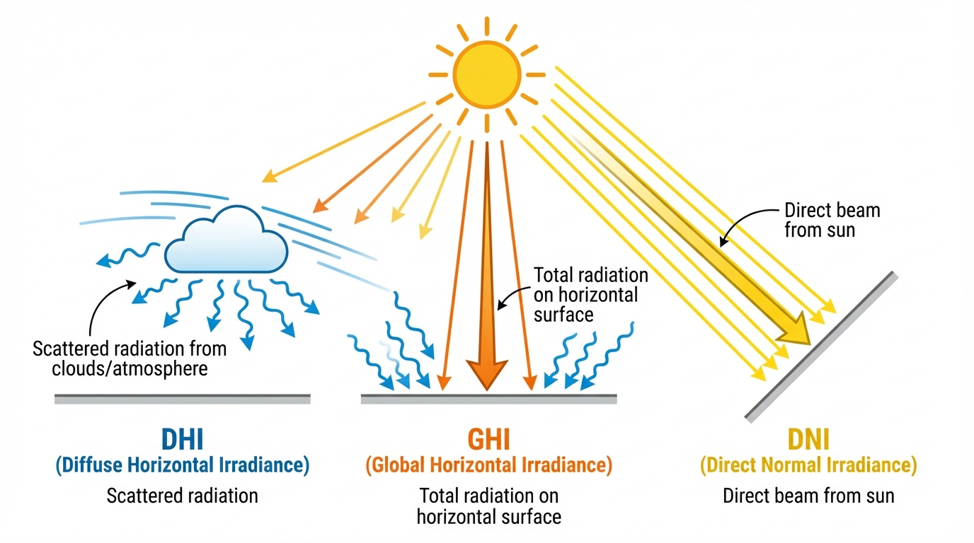 Diagram explaining the three types of solar irradiance: GHI, DNI and DHI