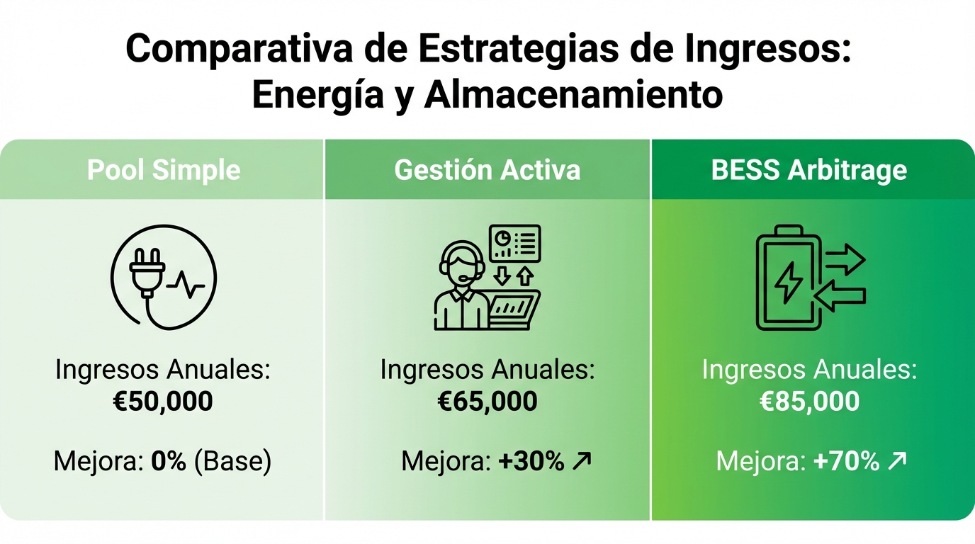 Revenue comparison: pool vs active management vs BESS