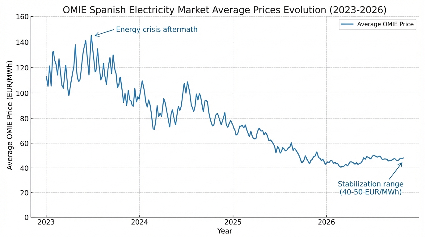 Evolución de precios del mercado eléctrico OMIE de 2023 a 2026