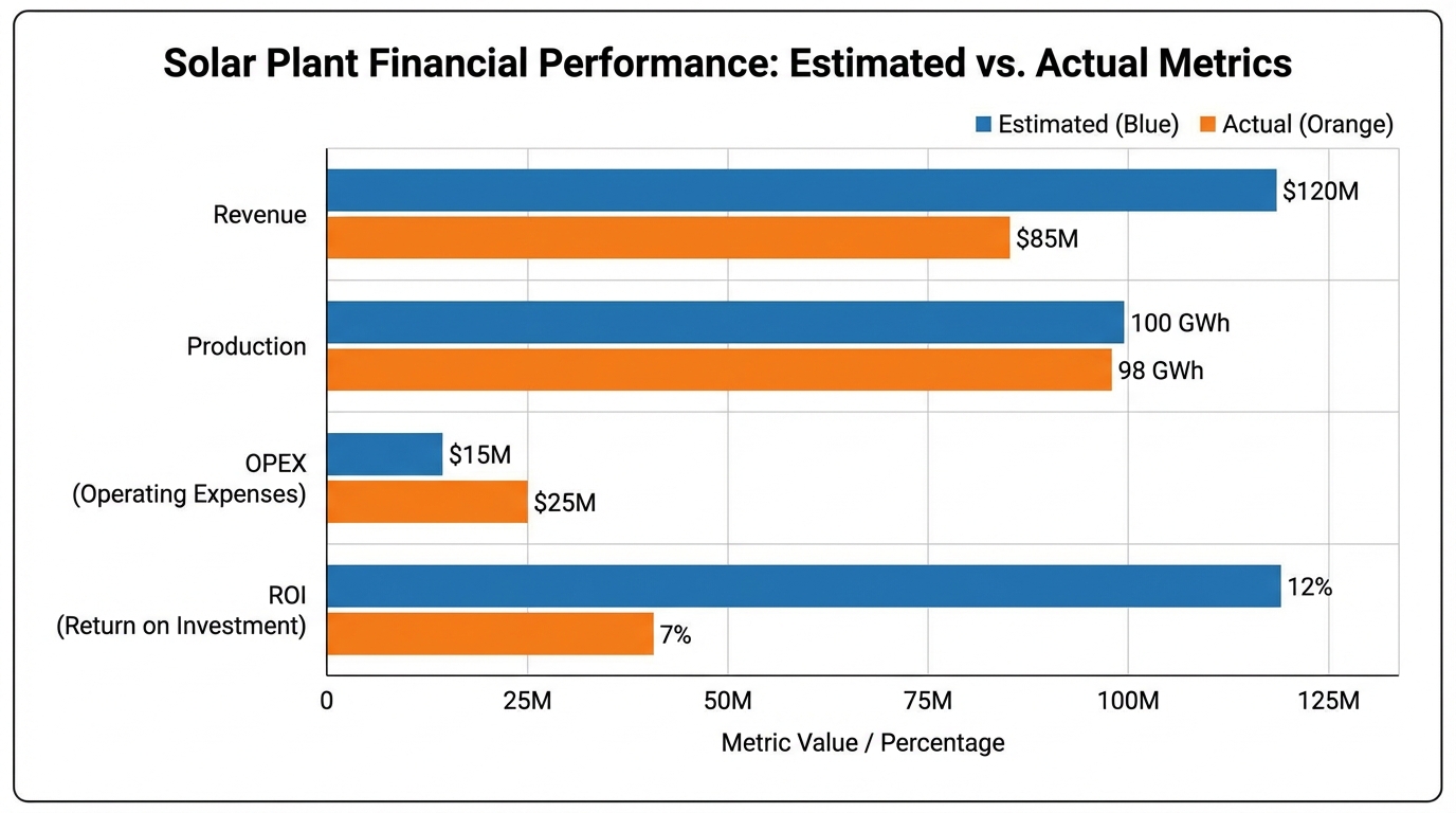 Comparativa de barras entre estimaciones y datos reales de plantas solares