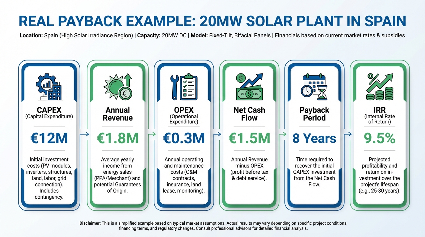 Infografía de ejemplo de payback para una planta solar de 20 MW