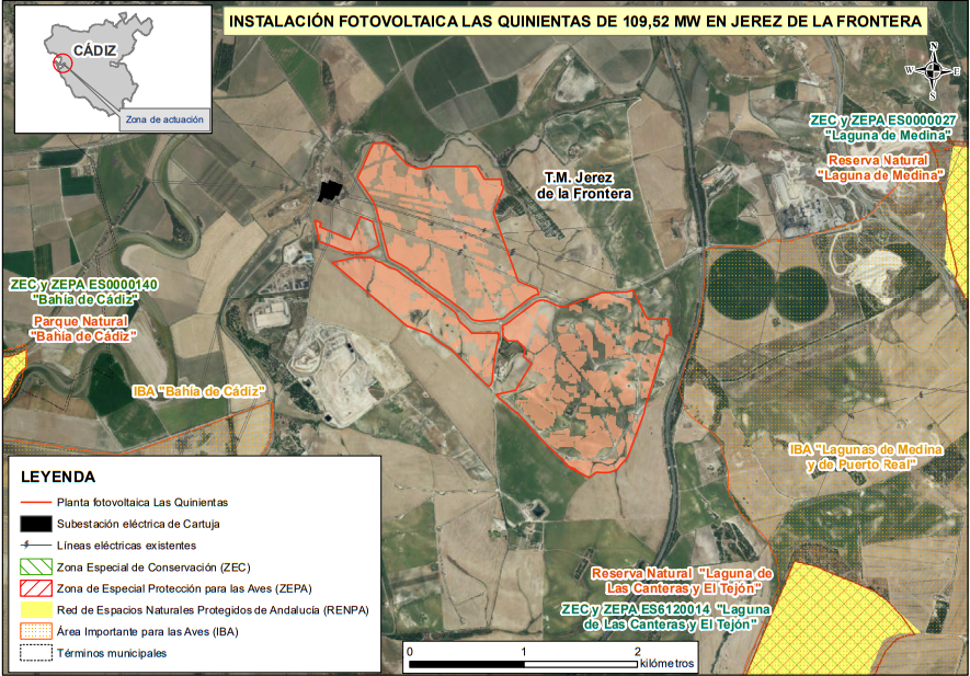 Mapa con la zona delimitada de la planta fotovoltaica Las Quinientas